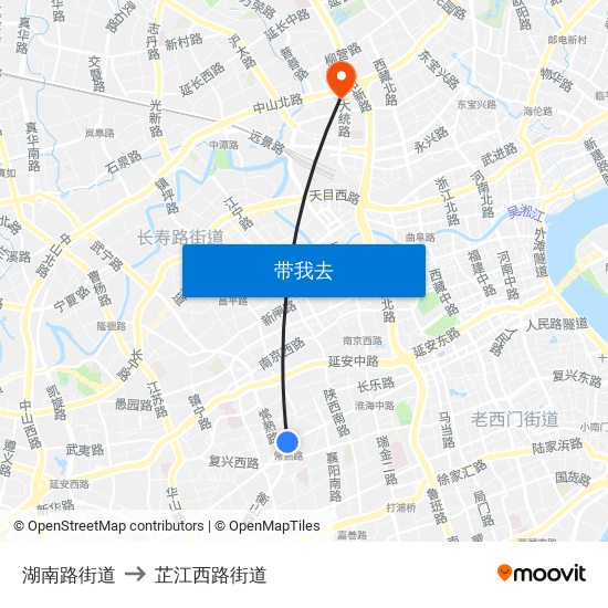 湖南路街道 to 芷江西路街道 map