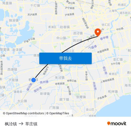 枫泾镇 to 莘庄镇 map