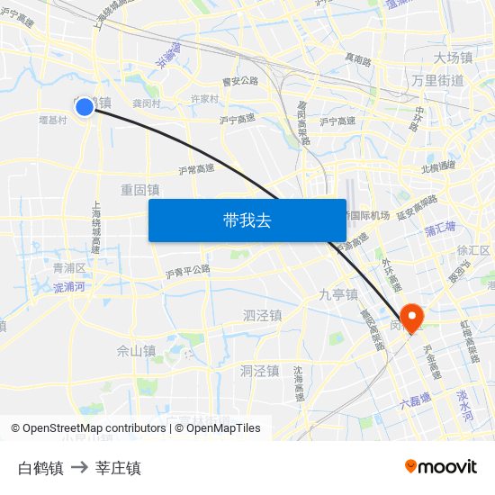 白鹤镇 to 莘庄镇 map