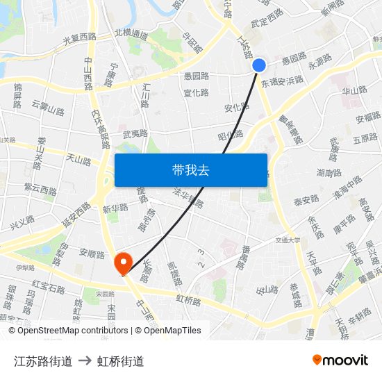 江苏路街道 to 虹桥街道 map