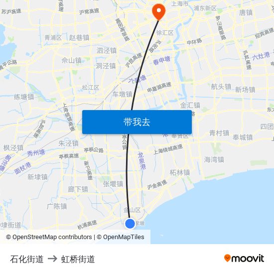 石化街道 to 虹桥街道 map