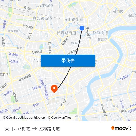 天目西路街道 to 虹梅路街道 map