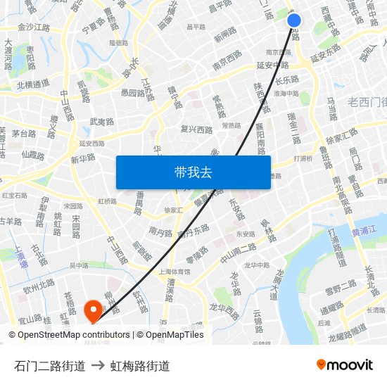 石门二路街道 to 虹梅路街道 map