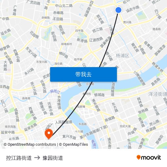 控江路街道 to 豫园街道 map