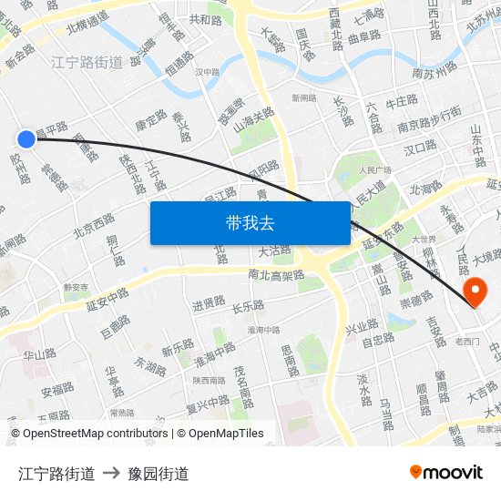 江宁路街道 to 豫园街道 map