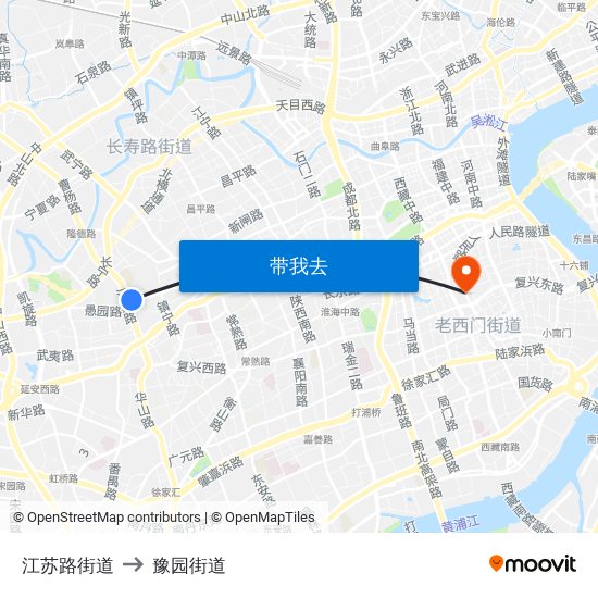 江苏路街道 to 豫园街道 map