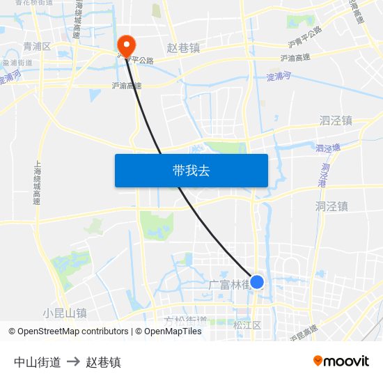 中山街道 to 赵巷镇 map