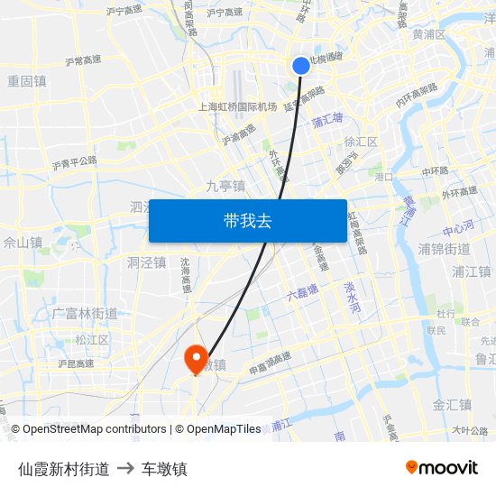 仙霞新村街道 to 车墩镇 map