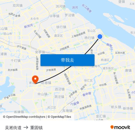 吴淞街道 to 重固镇 map