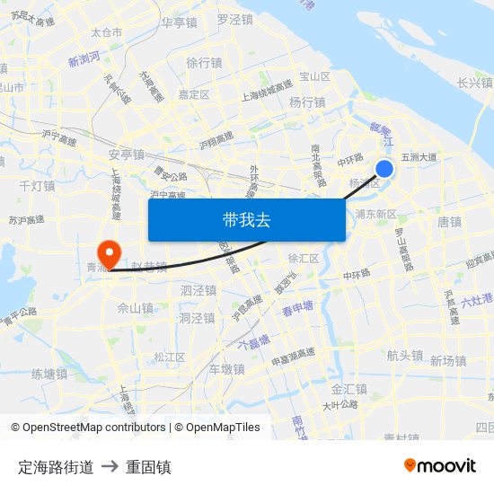 定海路街道 to 重固镇 map