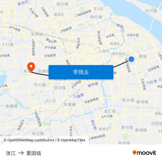 张江 to 重固镇 map