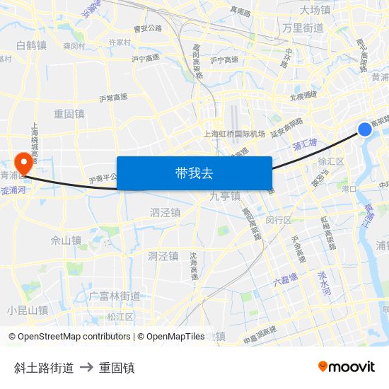 斜土路街道 to 重固镇 map