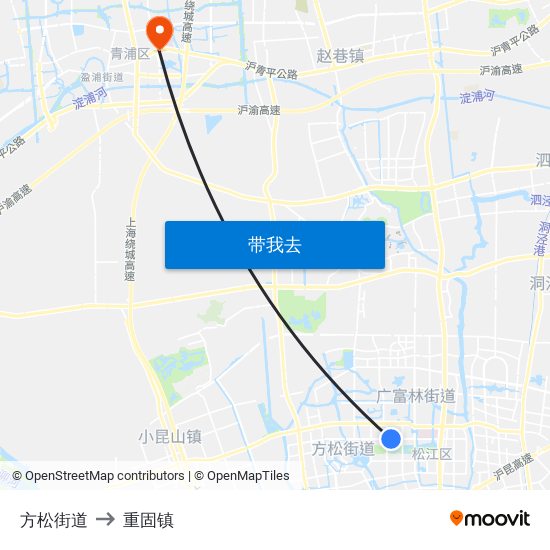 方松街道 to 重固镇 map