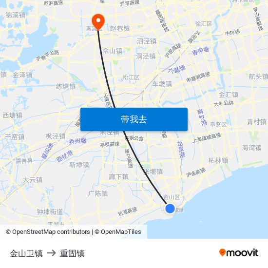 金山卫镇 to 重固镇 map