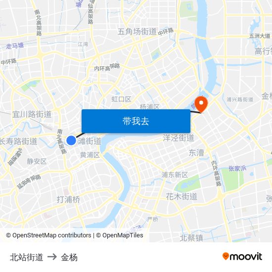 北站街道 to 金杨 map