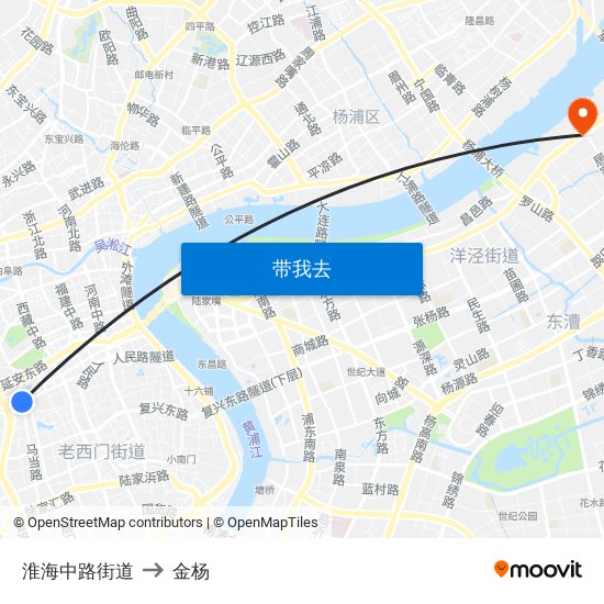 淮海中路街道 to 金杨 map