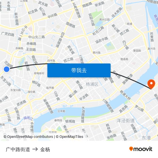 广中路街道 to 金杨 map
