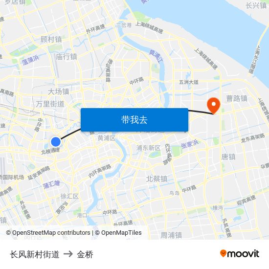 长风新村街道 to 金桥 map