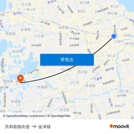 共和新路街道 to 金泽镇 map