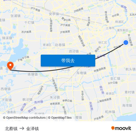 北蔡镇 to 金泽镇 map