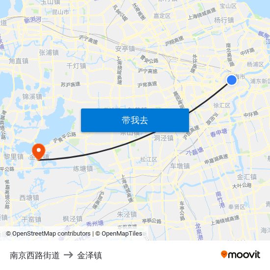 南京西路街道 to 金泽镇 map