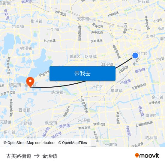 古美路街道 to 金泽镇 map