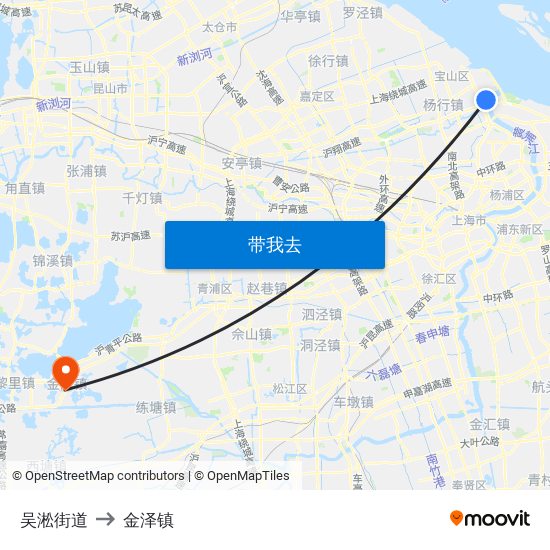 吴淞街道 to 金泽镇 map