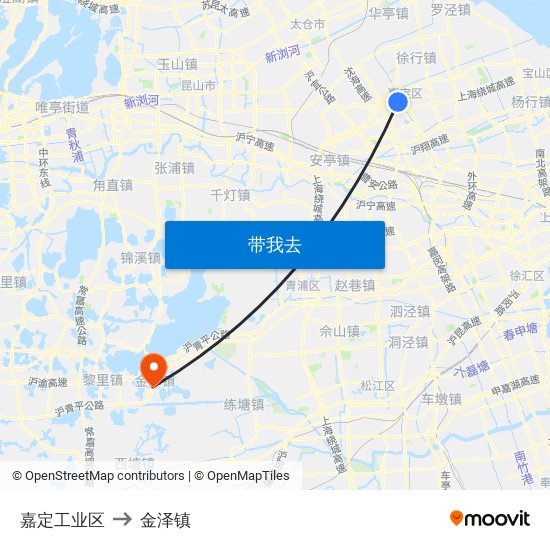 嘉定工业区 to 金泽镇 map