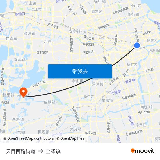 天目西路街道 to 金泽镇 map