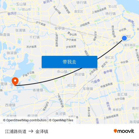 江浦路街道 to 金泽镇 map