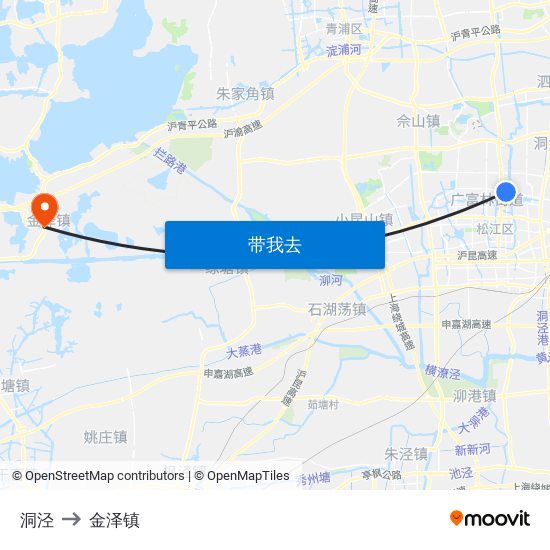 洞泾 to 金泽镇 map