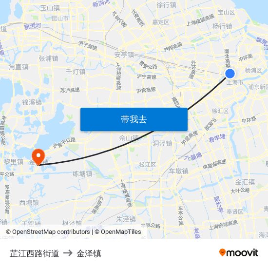 芷江西路街道 to 金泽镇 map