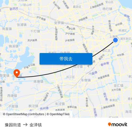 豫园街道 to 金泽镇 map