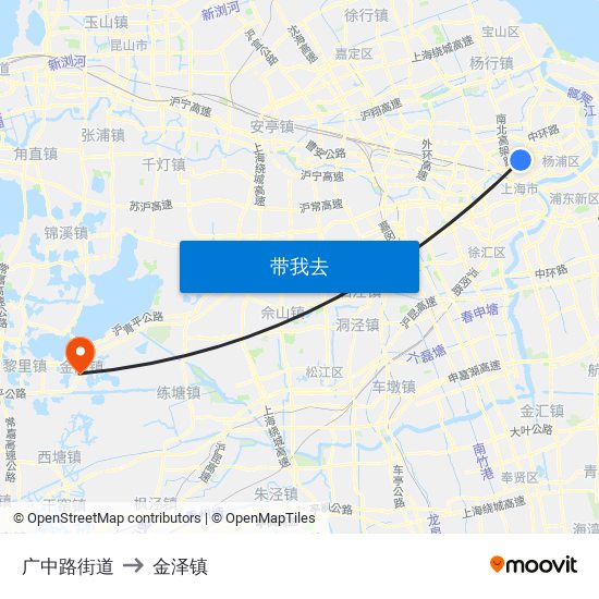 广中路街道 to 金泽镇 map