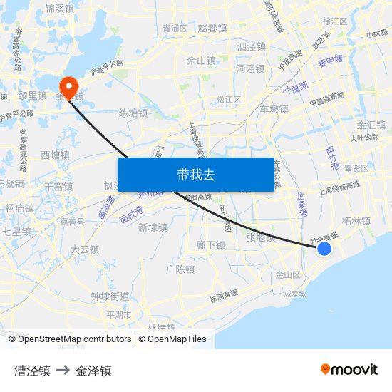 漕泾镇 to 金泽镇 map