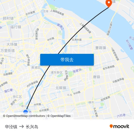 华泾镇 to 长兴岛 map