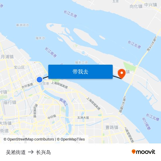 吴淞街道 to 长兴岛 map