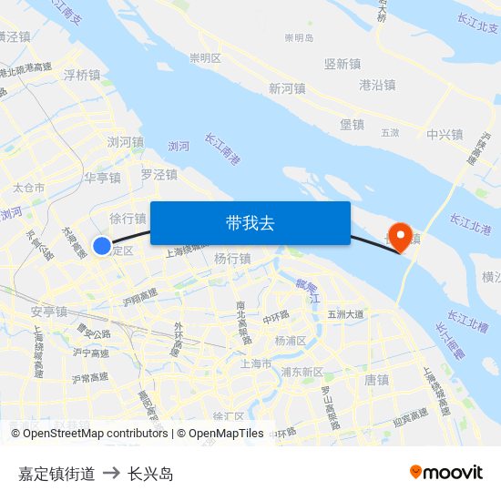 嘉定镇街道 to 长兴岛 map