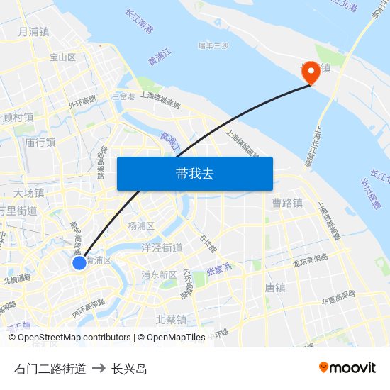 石门二路街道 to 长兴岛 map