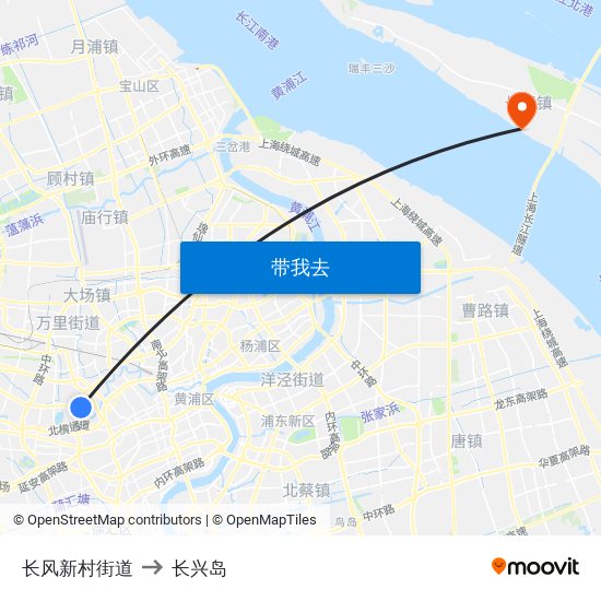 长风新村街道 to 长兴岛 map