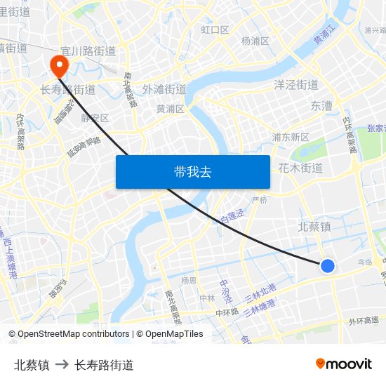 北蔡镇 to 长寿路街道 map