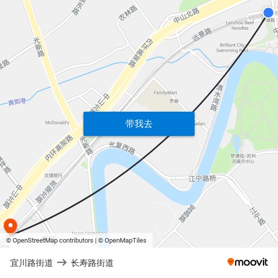 宜川路街道 to 长寿路街道 map