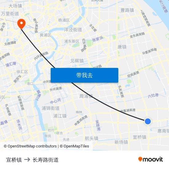 宣桥镇 to 长寿路街道 map