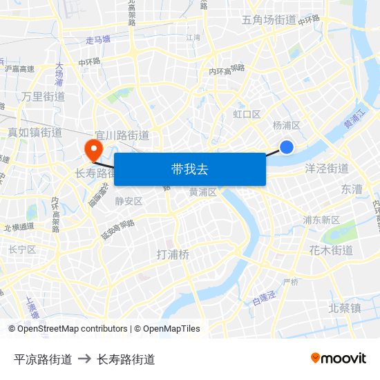 平凉路街道 to 长寿路街道 map