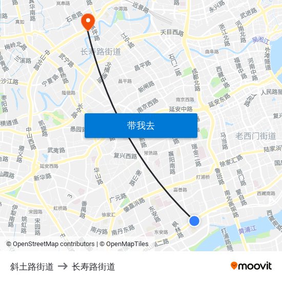 斜土路街道 to 长寿路街道 map