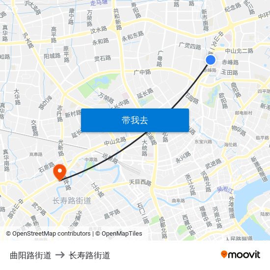 曲阳路街道 to 长寿路街道 map