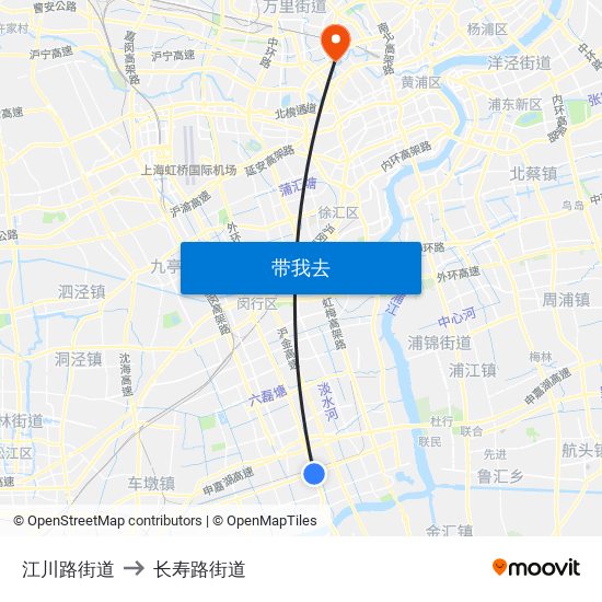 江川路街道 to 长寿路街道 map