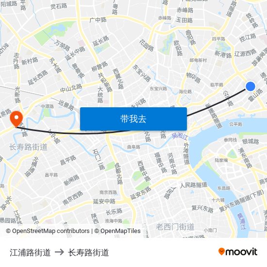 江浦路街道 to 长寿路街道 map