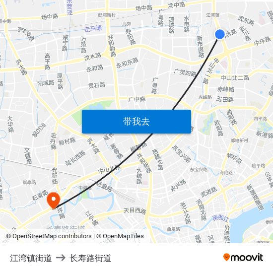 江湾镇街道 to 长寿路街道 map