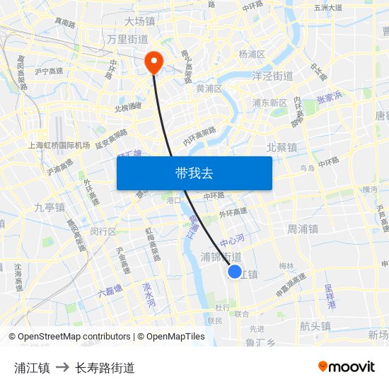 浦江镇 to 长寿路街道 map